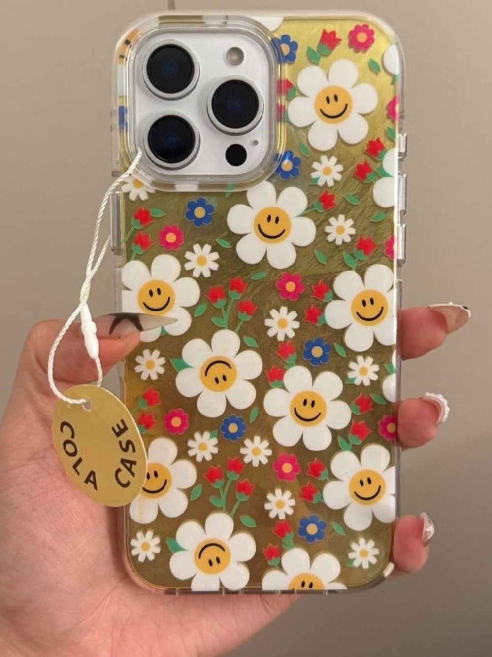 Cola Case iPhone 15 Pro| Smiley Daisy Floral Clear Case | Gold Foil | Cute